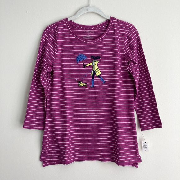 Talbots Tops - Talbots Berry Purple Striped Embroidered Rainy Day Dog Tee Top Size Small Petite